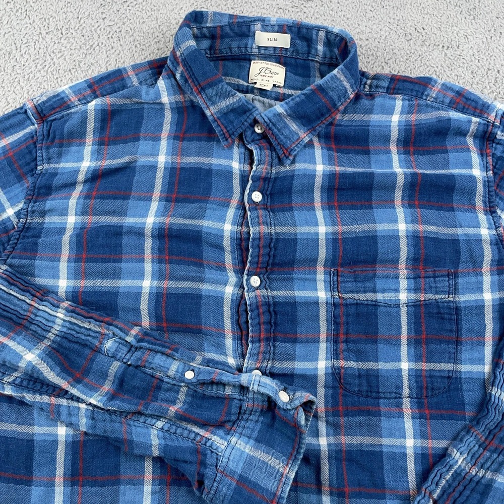 J Crew Shirt Mens 2XL Blue Plaid Slim Fit Flannel Double Weave Long Sleeve